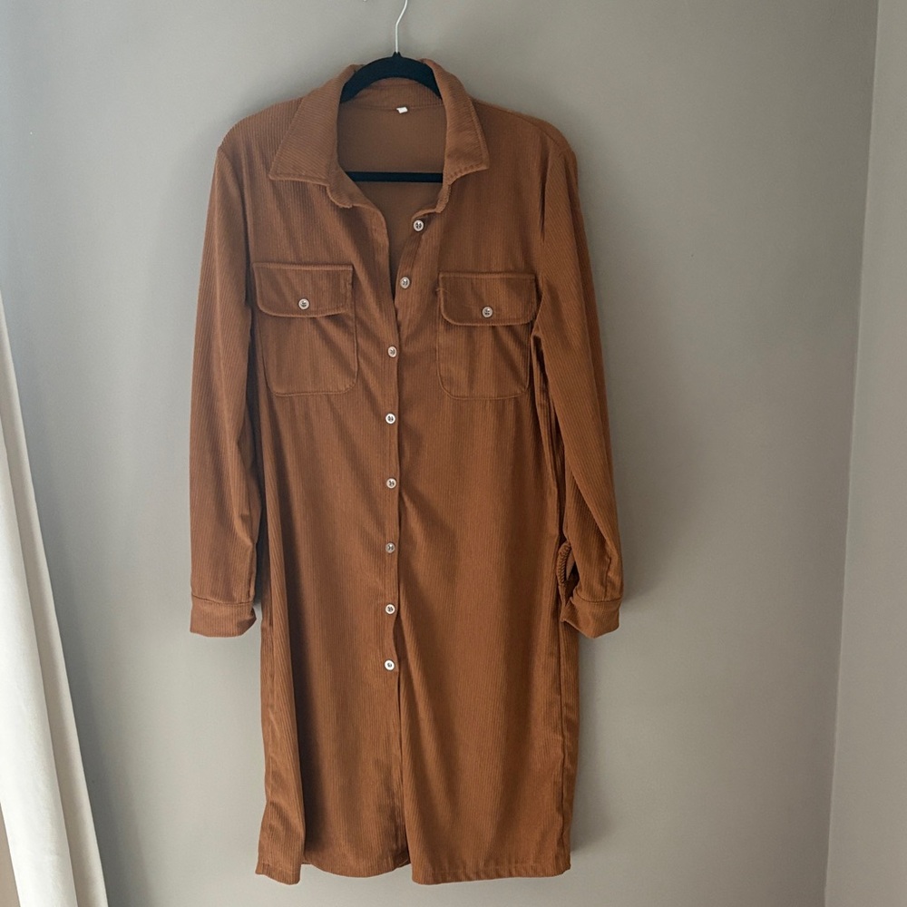 Button-Front Long Shirt Dress in Camel Brown Thin Corduroy